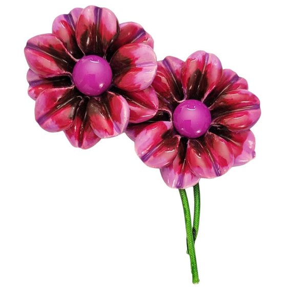 Pink Purple Plastic Daisy Flower Duo, Green Metal Stem Pin Brooch E143 - Picture 2 of 10